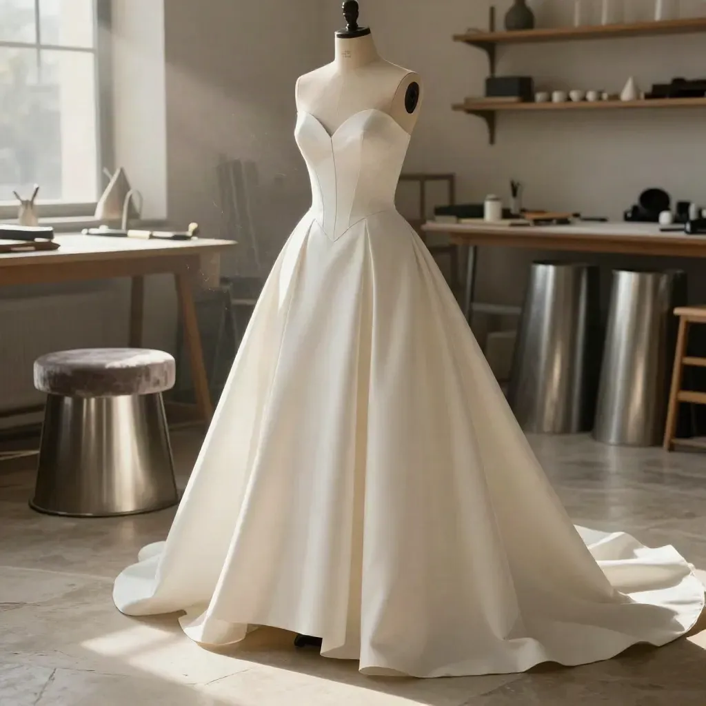 Abito da sposa su manichino con bodice corsetto, drappi e strumenti sartoriali in atelier