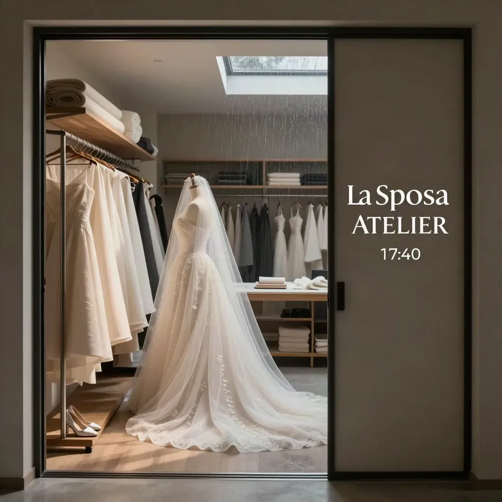 Abito da sposa su manichino in atelier, veli e tessuti, luce cinematografica di pioggia.