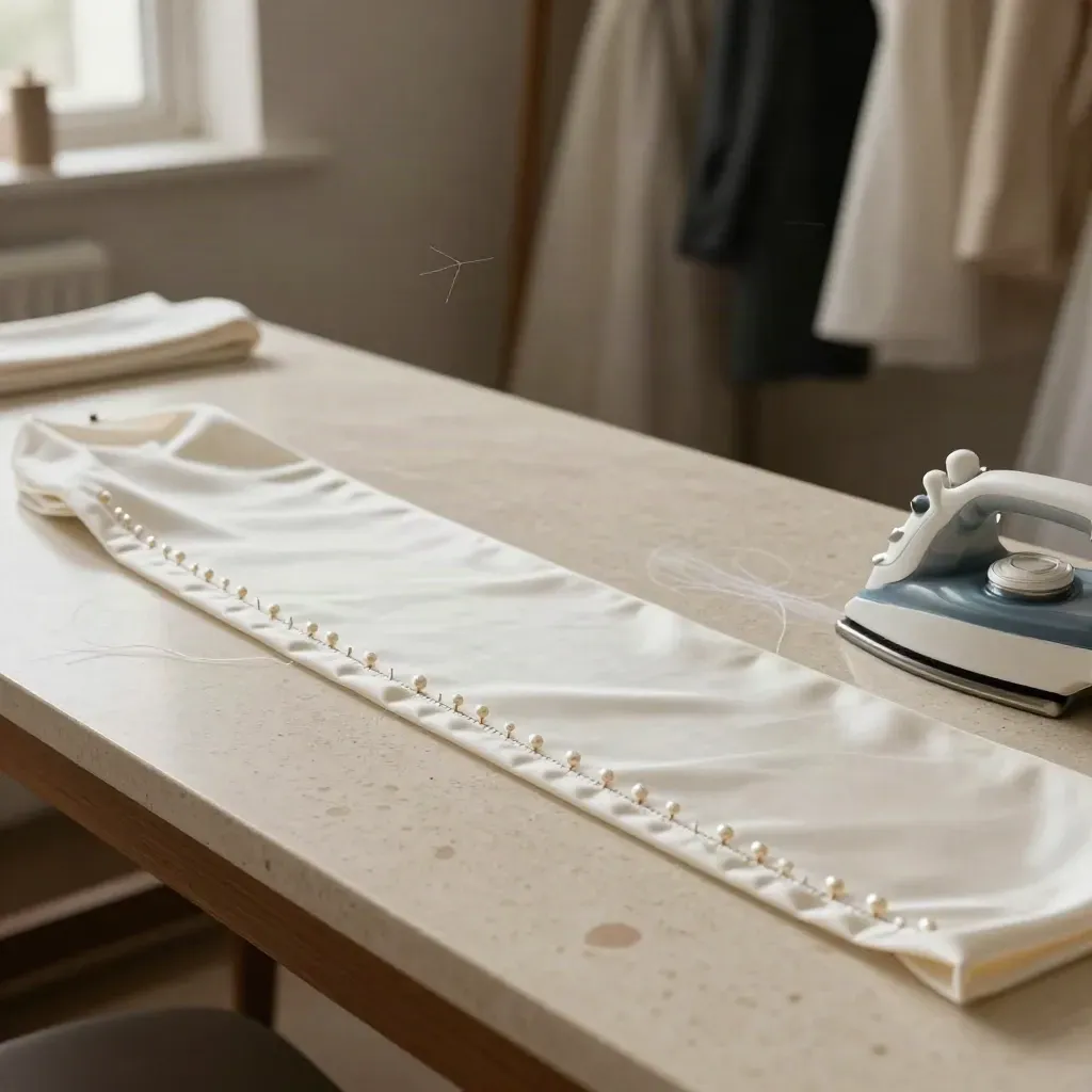 Orlo di abito da sposa con spilli, mussola e banco da sartoria in atelier