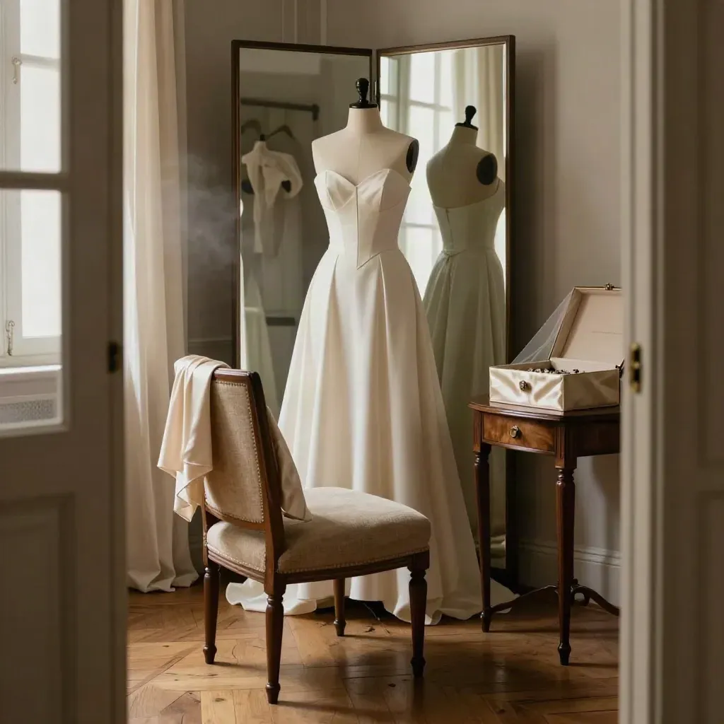 Sala prova riservata con abito su manichino, poltrona e accessori in luce calda.