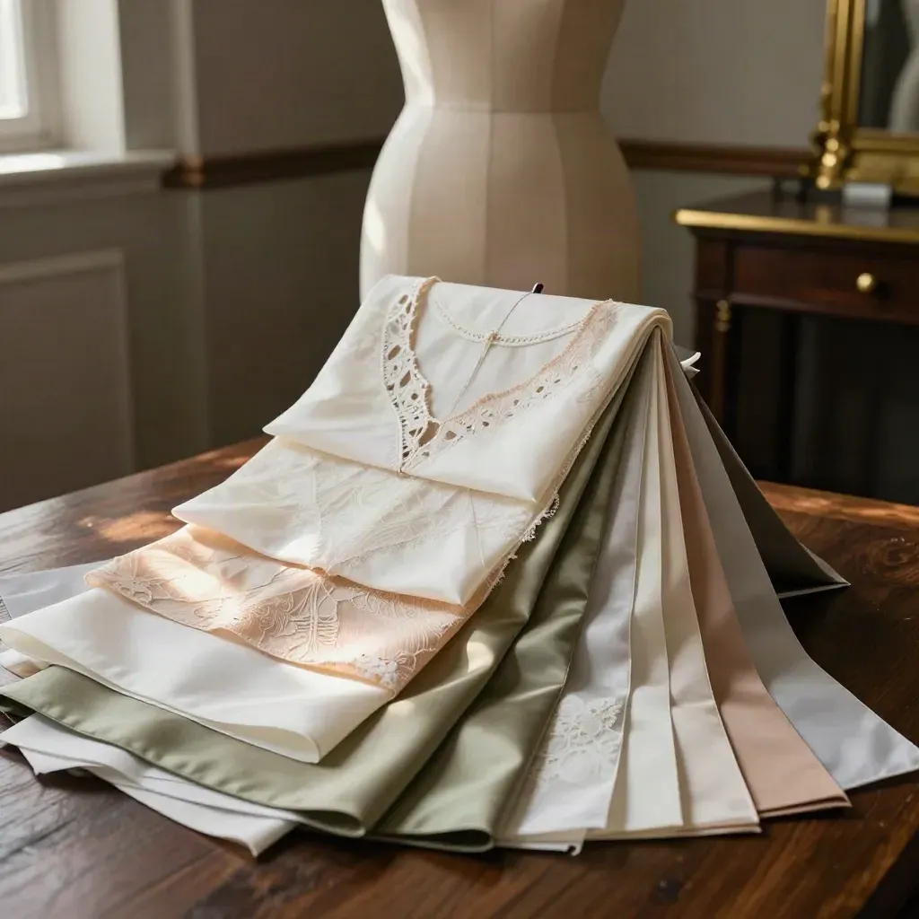 Mood board da atelier con tessuti, pizzi e toile su manichino in luce teatrale.
