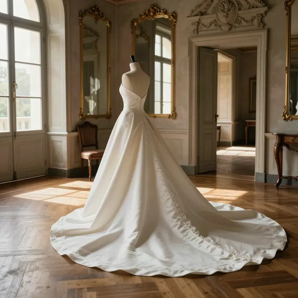 Abito da sposa in mikado in una villa antica, con parquet e specchi.
