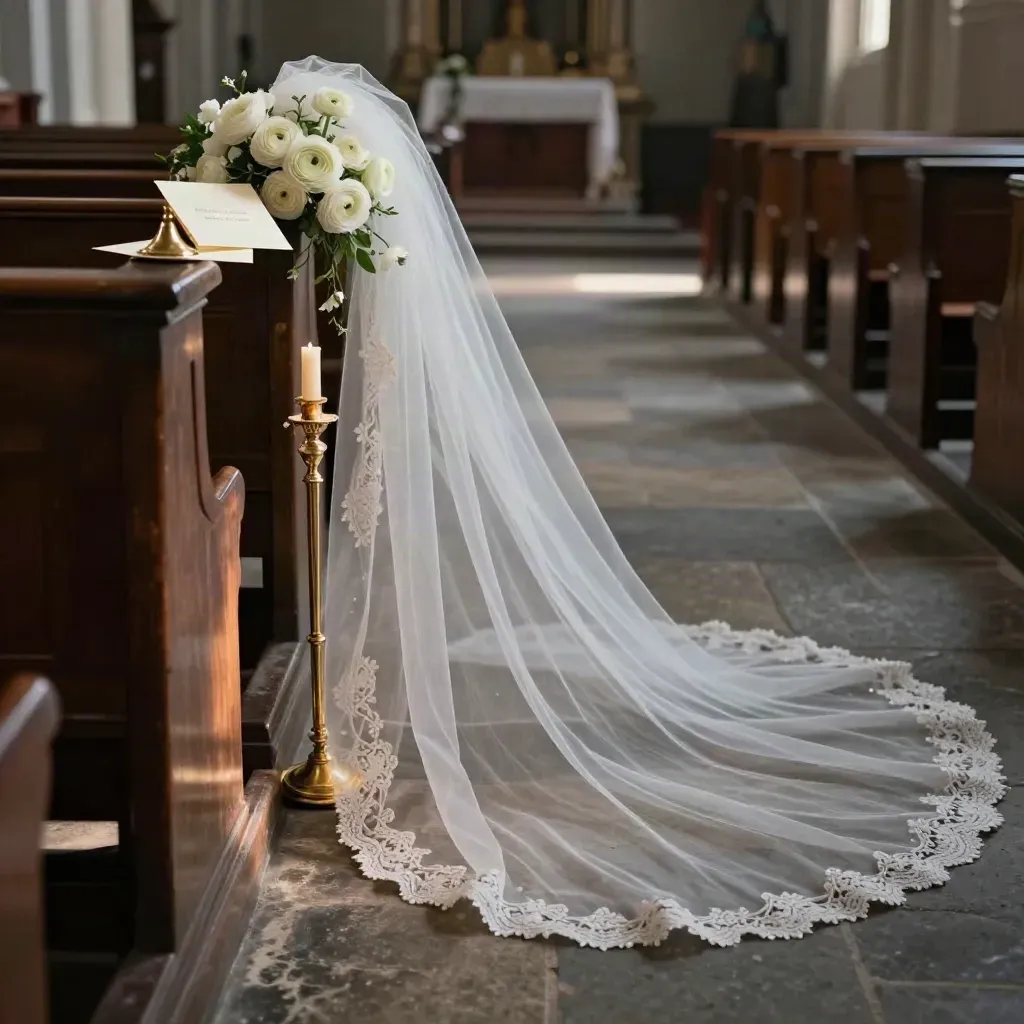 Velo lungo su panca di chiesa con fiori chiari e candele, luce calda sul pavimento in pietra.