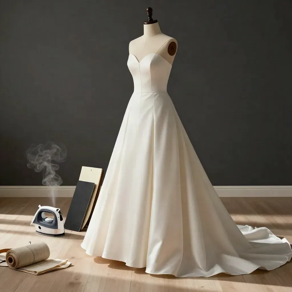 Abito da sposa rifinito su forma, con orlo corretto e banco da stiro in atelier luminoso.