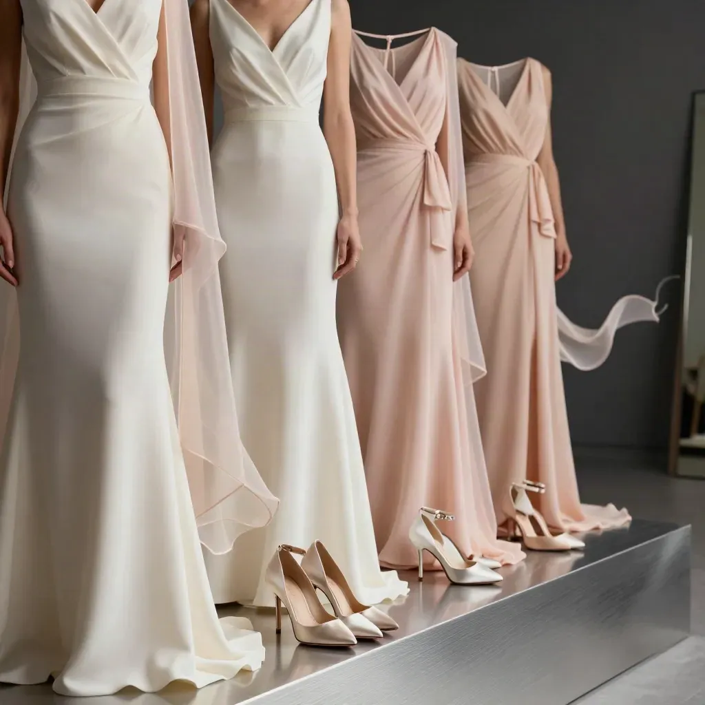 Abiti coordinati su manichini con scarpe e wrap, in una luce morbida da atelier.