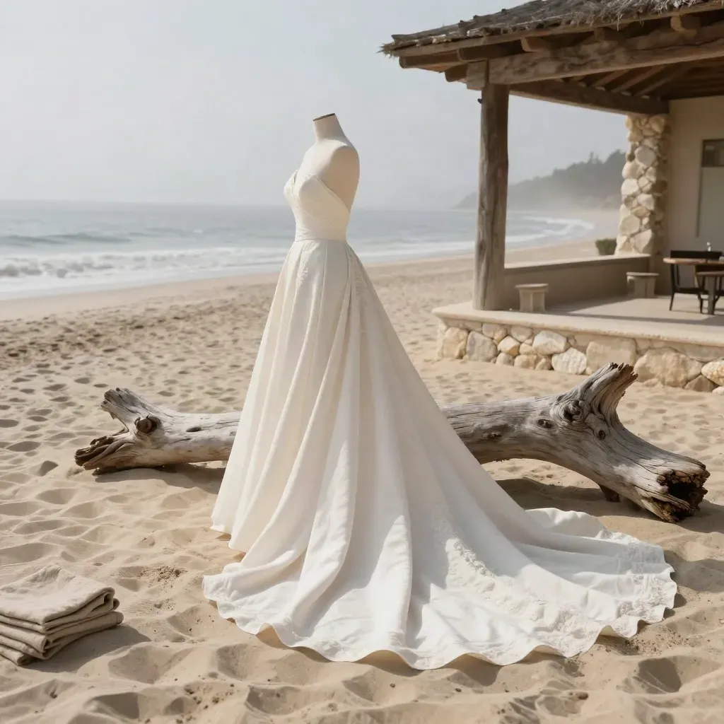Abito da sposa avorio su stand vicino alla sabbia, con legni levigati e panca color conchiglia