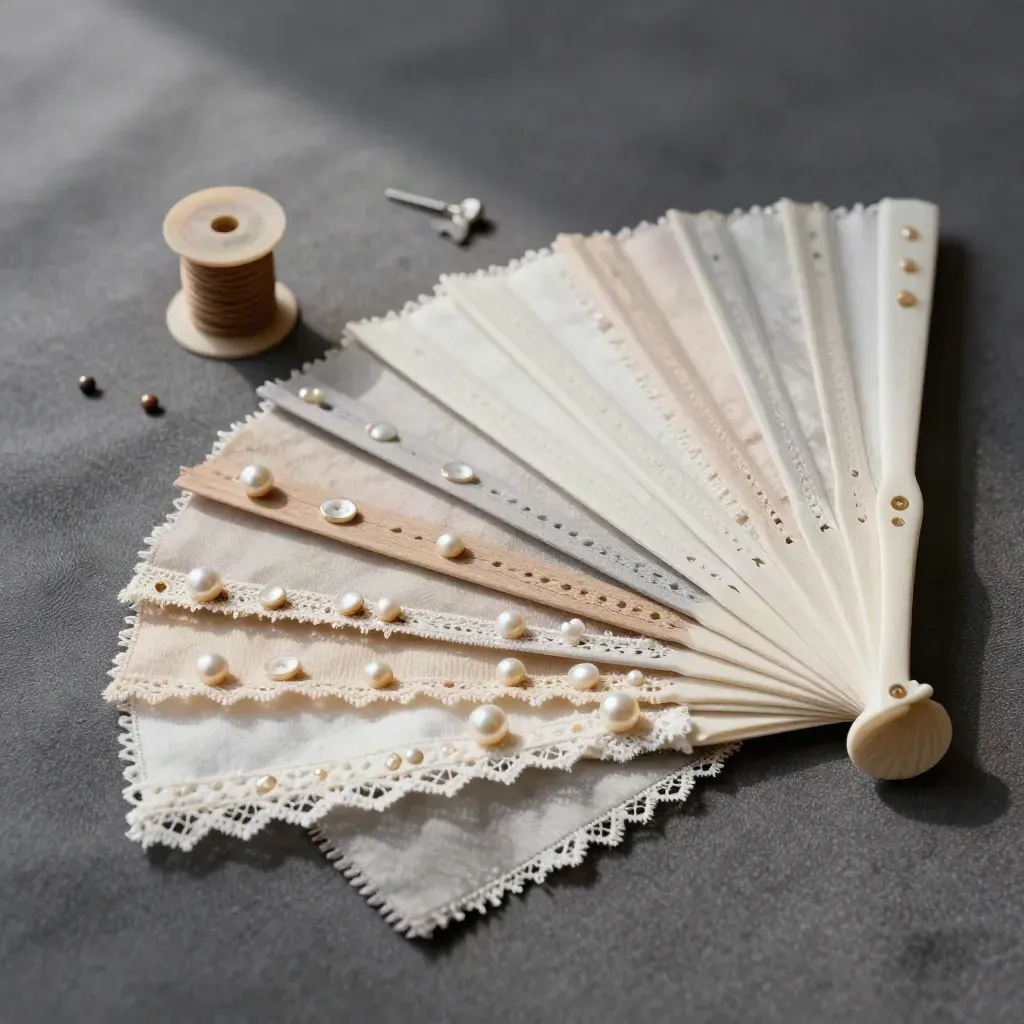 Campioni tessili da sposa, bottoni perlati e rocchetti su tessuto scuro in luce drammatica.