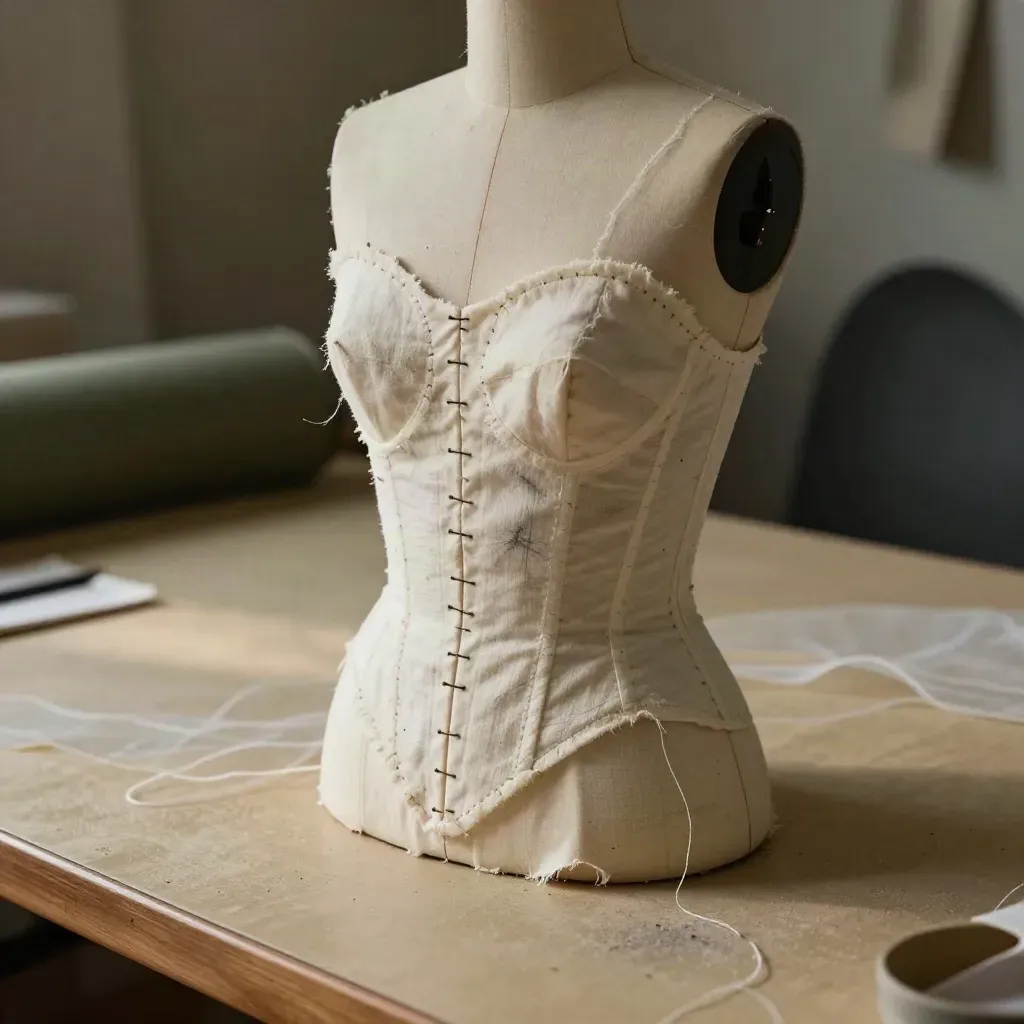 Busto toile in mussola su mini manichino da atelier, con spilli e gesso, luce radente.