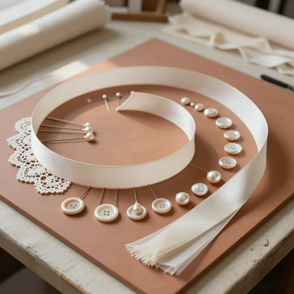 Still life di atelier bridal con nastri di seta, spilli perle e bottoni a conchiglia su piano terracotta.