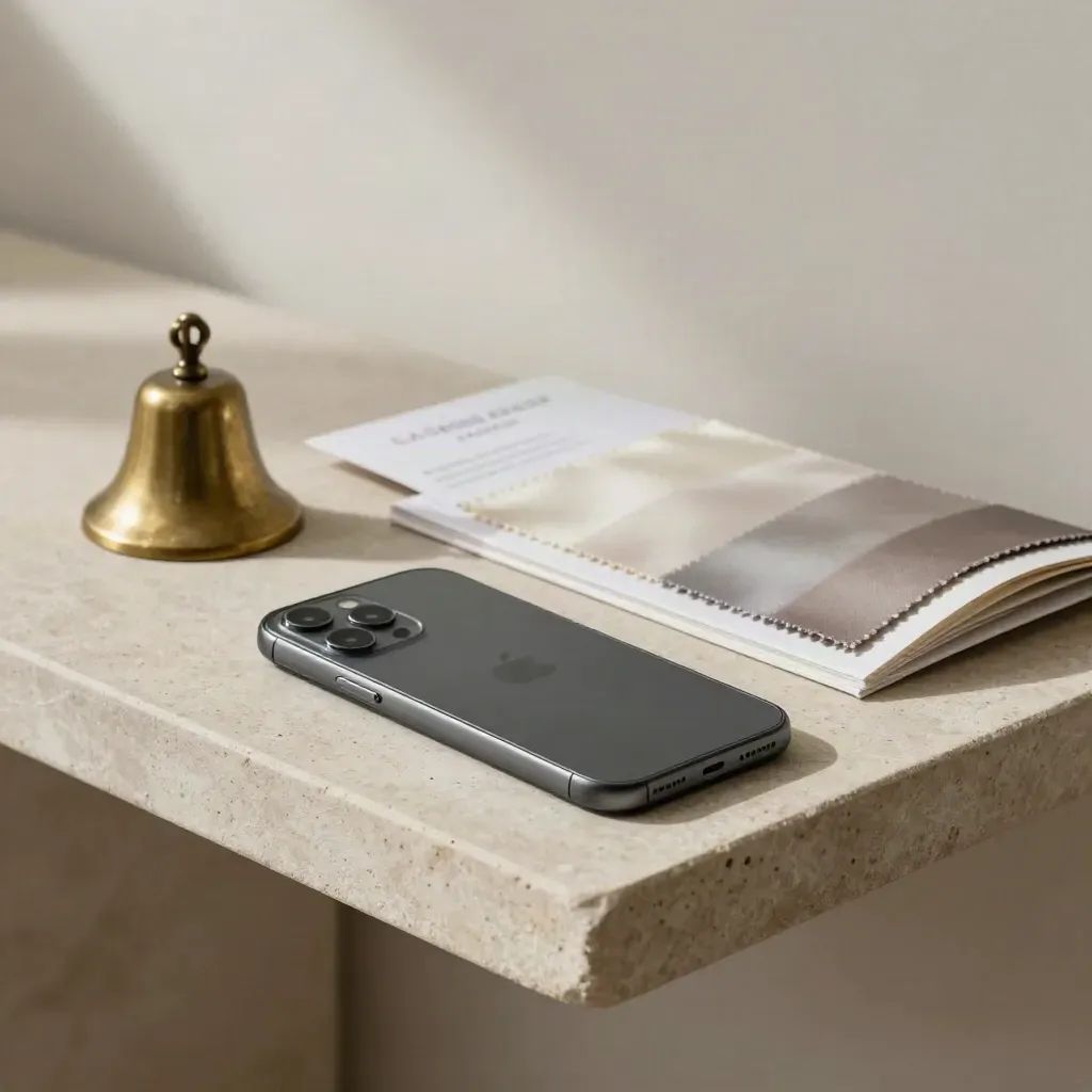 Telefono chiuso, campionario di sete e campanello in pietra su console da atelier, luce morbida.