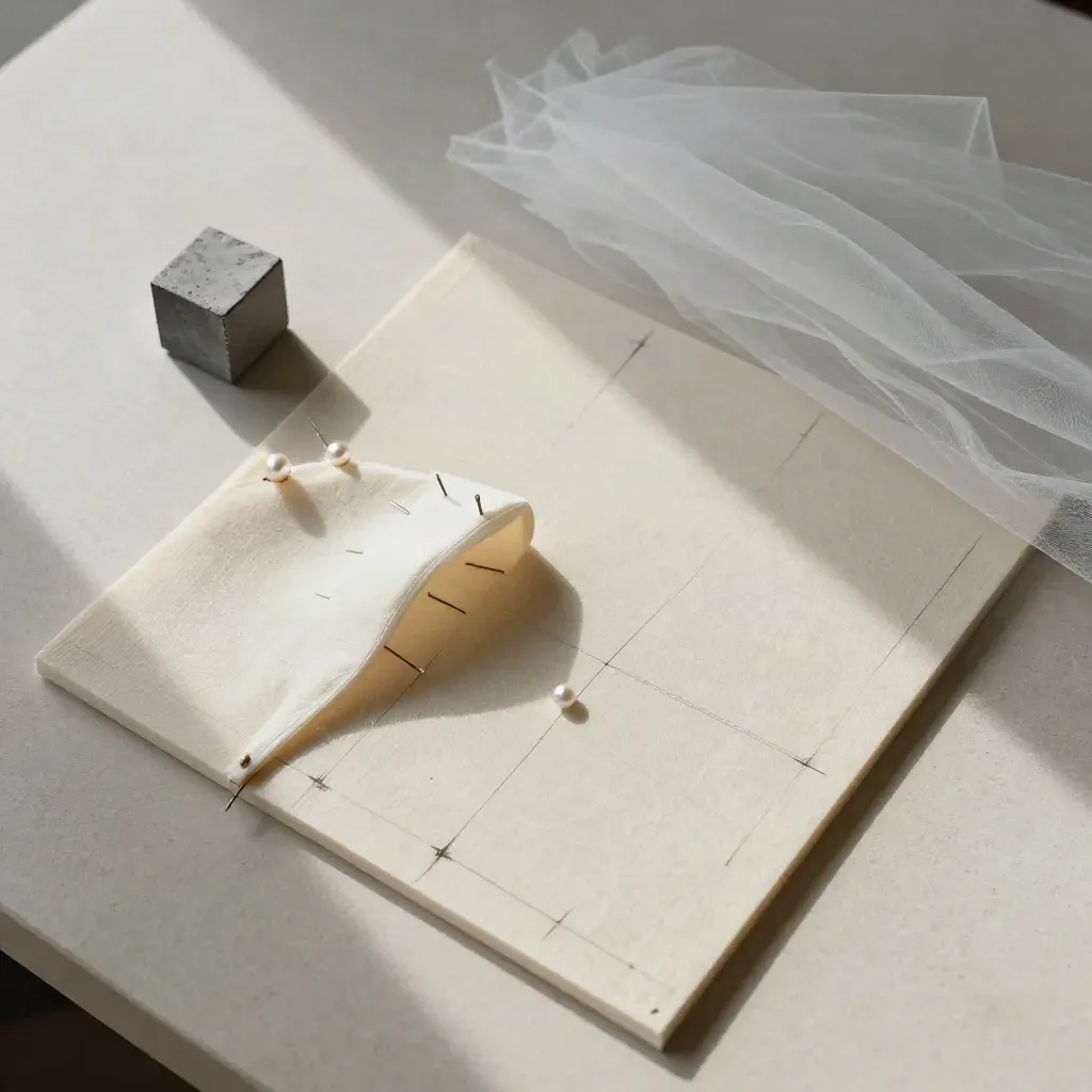 Flatlay dall’alto con spalla di manichino in mussola, spilli perlati, gesso e tulle su pietra chiara.