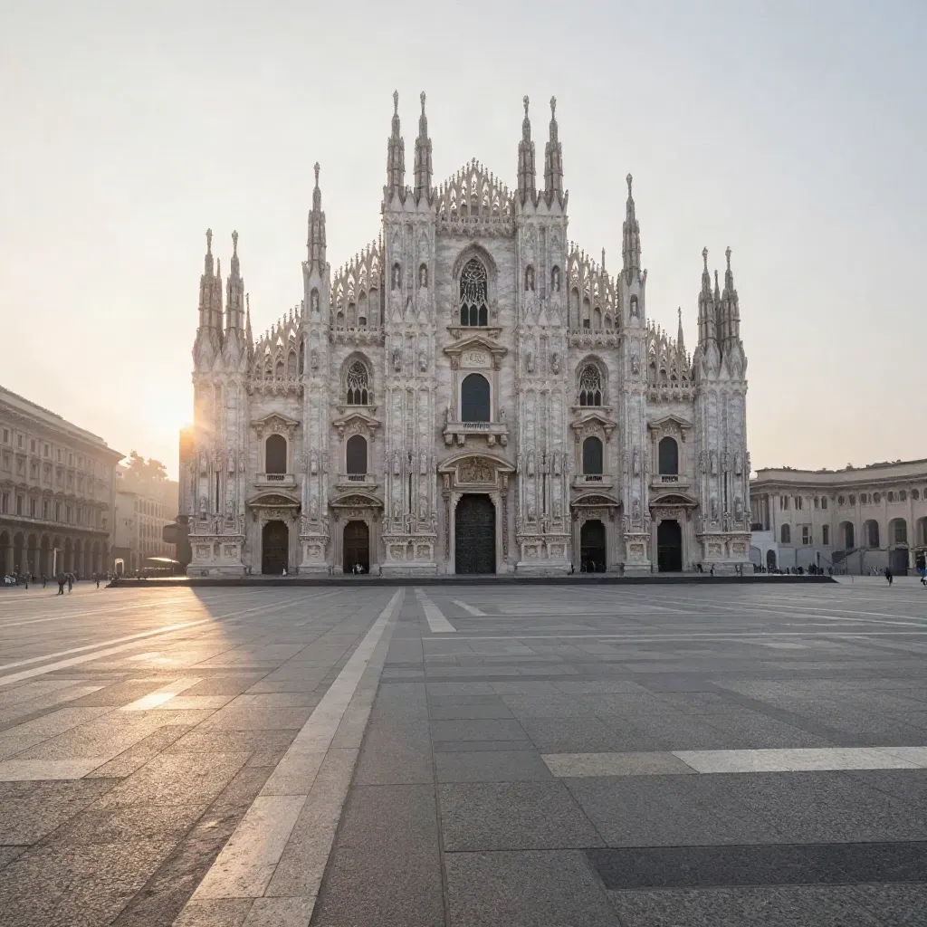 Duomo di Milano tra foschia dorata e piazza in pietra chiara, con spazio calmo per il testo