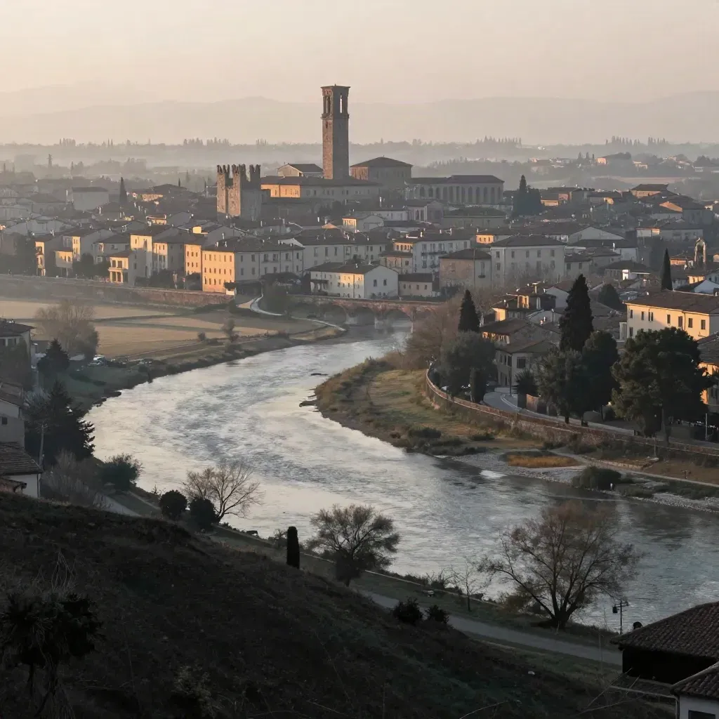 Verona all’alba con tetti di pietra, fiume e pianura velata di nebbia