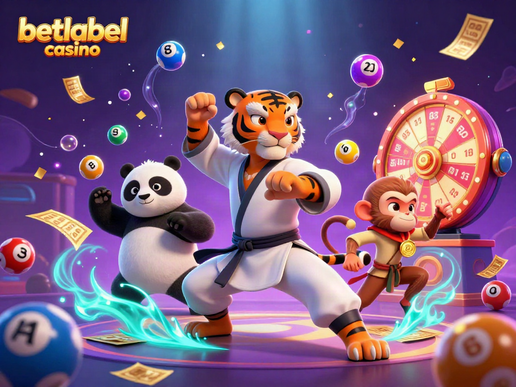 Engage with betlabel casino in a vibrant scene of play featuring kung fu characters and dynamic lottery elements.