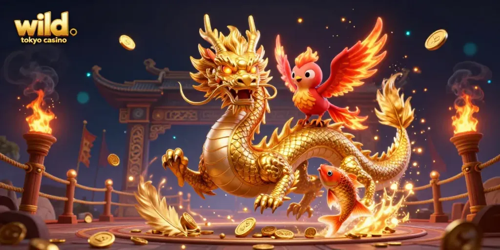 Engage with wild tokyo casino through fierce dragon and phoenix in a thrilling gaming scene.